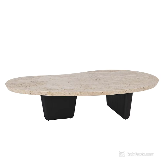 Modern Oval Coffee Table With Natural Stone Top And Black Base 3d model