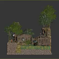 Wooden House in Natural Setting With Trees Stone Walls Grass and Water Feature