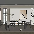 Modern Dining Room Interior With Wooden Table Gray Chairs Artwork Green Plant And Rug