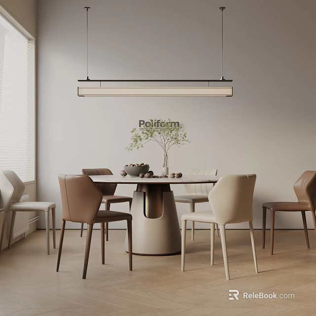 Modern Round Dining Table Set With Brown Beige Chairs Pendant Light And Plant 3d model
