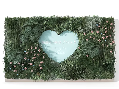 Living Green Plant Wall with Heart Shaped Sign Life In Green Text and Pink Flowers 3d model