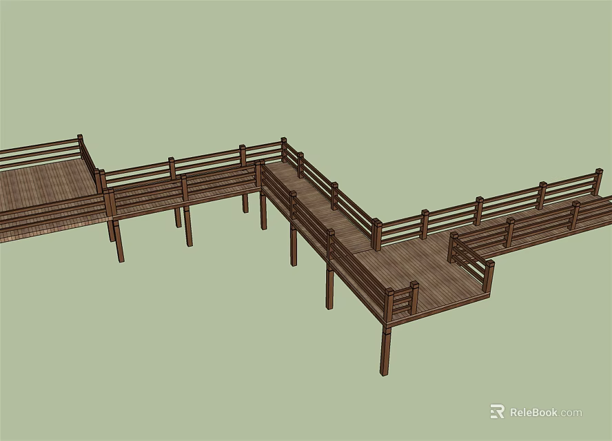 Wooden Road Facilities Boardwalk With Railings And Elevated Pathway Design 3d model 