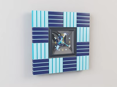 Stylish Square Wall Clock With Blue And White Striped Frame Decoration 3d model