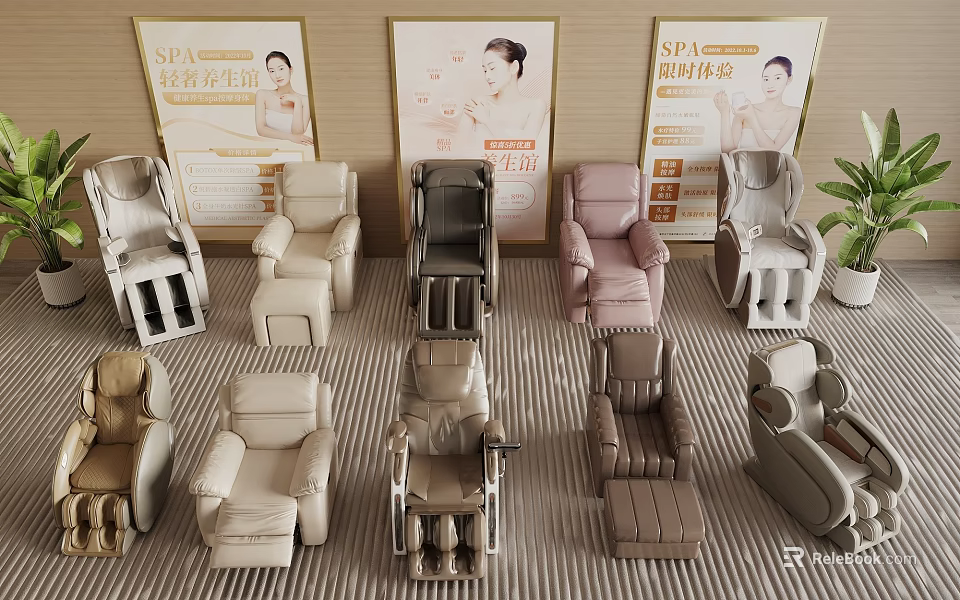 Various Massage Chairs Display in Modern Showroom With Different Colors and Comfortable Designs 3d model 