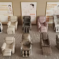 Various Massage Chairs Display in Modern Showroom With Different Colors and Comfortable Designs