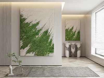 Abstract Painting With Green White Textured Brushstrokes In Modern Interior Room Wall 3d model