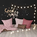 Good Night Decor Black Wall With Stars Pink Quilt And Pillows String Lights
