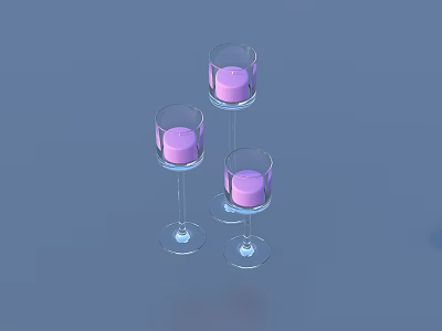 Three Transparent Glass Candle Holders With Pink Candles On Blue Background 3d model