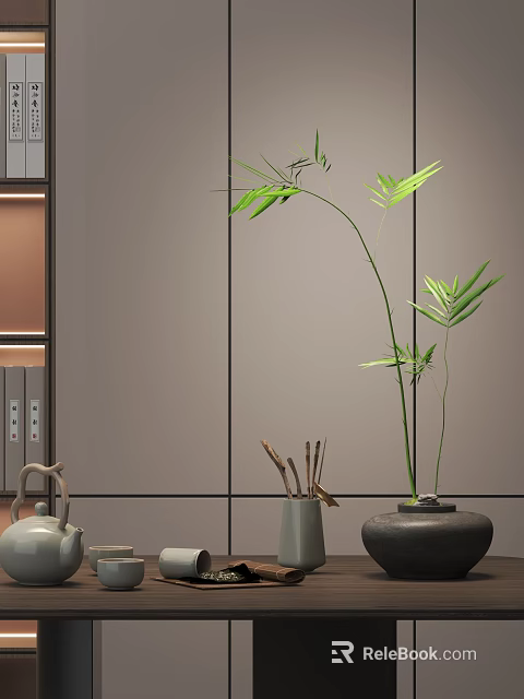 Minimalist Decorative Ornament Set with Bamboo Ceramic Vase Teapot and Natural Elements 3d model 