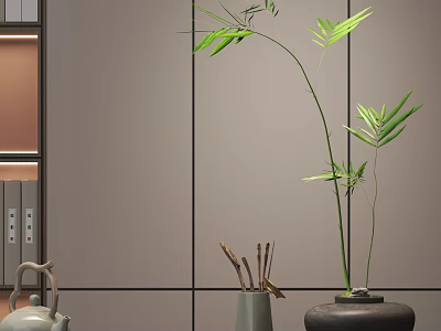 Minimalist Decorative Ornament Set with Bamboo Ceramic Vase Teapot and Natural Elements 3d model