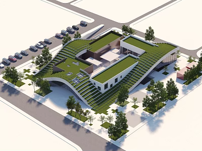 Modern Museum Building with Green Roof Curved Structure Staircases Surrounding Trees and Parking Lot 3d model