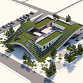 Modern Museum Building with Green Roof Curved Structure Staircases Surrounding Trees and Parking Lot
