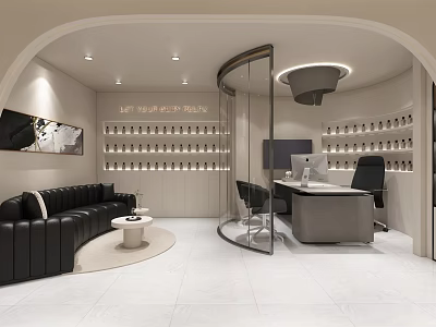 Modern Beauty Salon Interior With Elegant Reception Sofa Product Display Shelves And Professional Workstation 3d model