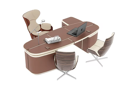 Modern Brown Office Desk With Laptop Desk Lamp And Three Modern Chairs 3d model