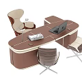 Modern Brown Office Desk With Laptop Desk Lamp And Three Modern Chairs