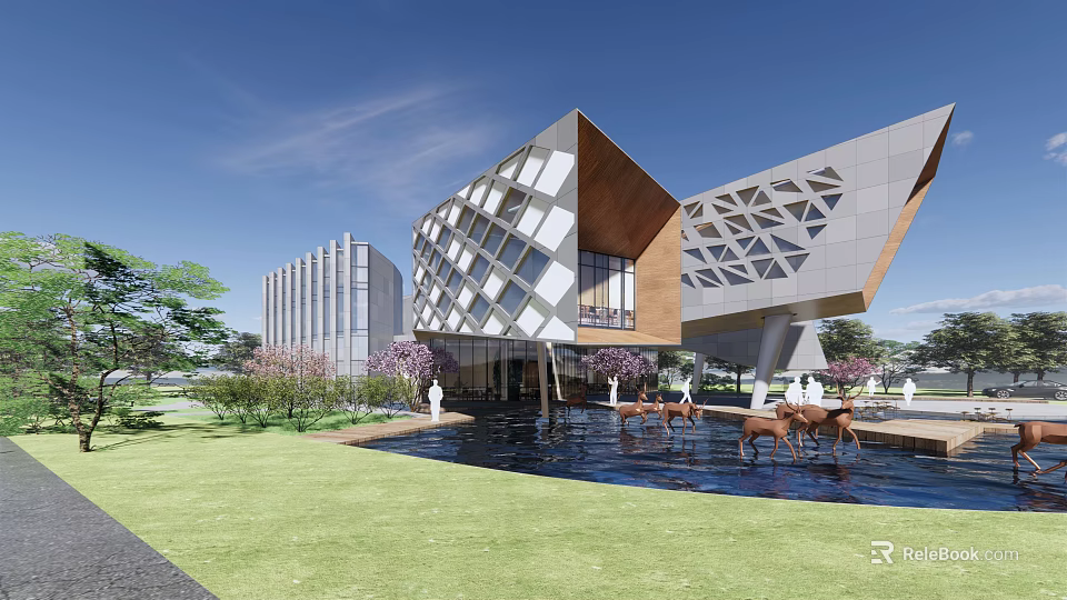 Modern Sales Office Building With Geometric Facade Water Pool Deer Sculptures And Greenery 3d model 