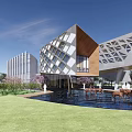 Modern Sales Office Building With Geometric Facade Water Pool Deer Sculptures And Greenery