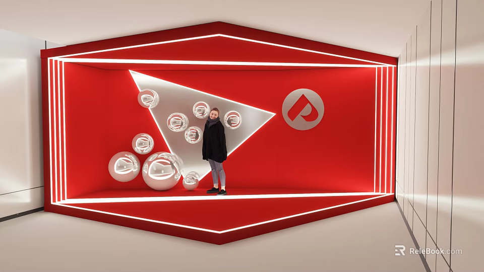 Popular Photo Check in Spot With Red Background Hexagonal Design And Silver Spherical Decorations 3d model 
