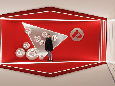 Popular Photo Check in Spot With Red Background Hexagonal Design And Silver Spherical Decorations 3d model