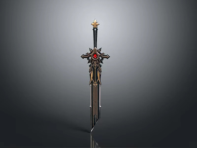 Ornate Decorative Sword With Golden Accents Black Hilt And Red Gemstone 3d model
