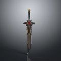 Ornate Decorative Sword With Golden Accents Black Hilt And Red Gemstone