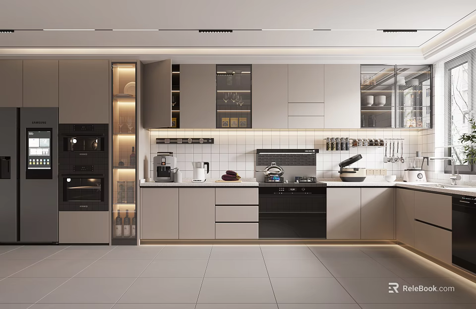 Modern Kitchen Interior With Light Cabinets Countertop And Built In Appliances 3d model 