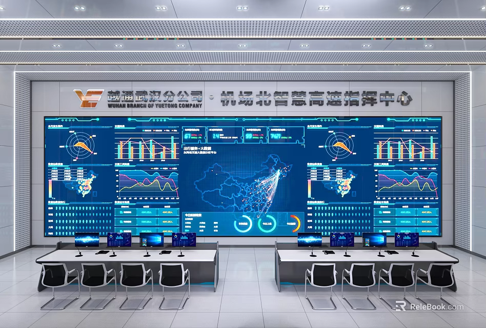 Modern Control Room Interior With Large Digital Screens Data Charts And Control Desks 3d model 