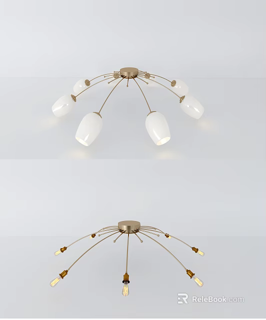 Elegant Modern Ceiling Light With Brass Frame And Multiple White Lampshades Design 3d model