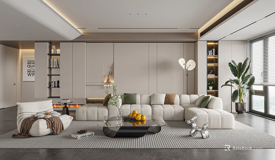 Modern Living Room with Sofa Multiple Cushions Gray Rug Black Coffee Table Oranges Floor Lamp 3d model 