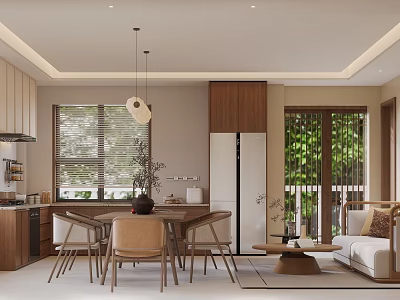 Modern Living Dining Room Interior With Wooden Furniture Sofa Dining Table And Pendant Light 3d model