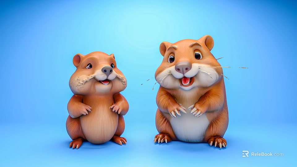Two Cute Cartoon Groundhogs With Happy Expressions On Blue Background 3d model 