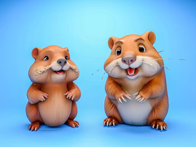 Two Cute Cartoon Groundhogs With Happy Expressions On Blue Background 3d model
