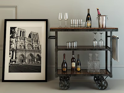 Vintage Metal Trolley With Wine Bottles Glasses Ice Bucket And Notre Dame 3d model