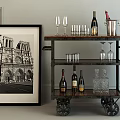 Vintage Metal Trolley With Wine Bottles Glasses Ice Bucket And Notre Dame
