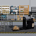Industrial Warehouse Equipment With Forklift Metal Shelves Storage Boxes And Ladder