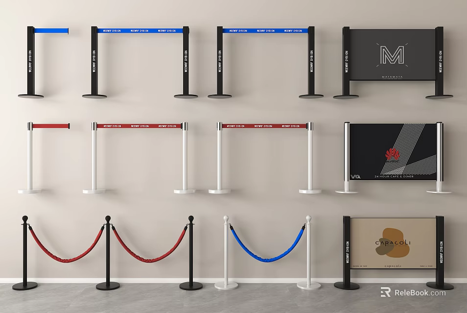 Colorful Metal Stanchion Railings With Red Blue White Ropes And Advertising Signboards 3d model 