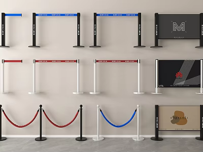 Colorful Metal Stanchion Railings With Red Blue White Ropes And Advertising Signboards 3d model
