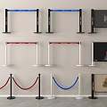 Colorful Metal Stanchion Railings With Red Blue White Ropes And Advertising Signboards