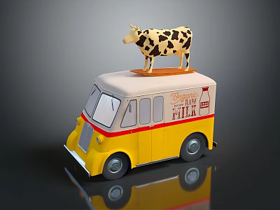 Yellow Van With Cow Model On Top And Milk Silk Text Design 3d model