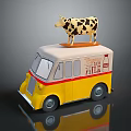 Yellow Van With Cow Model On Top And Milk Silk Text Design