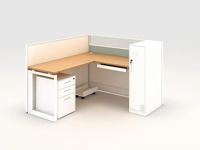 Modern L Shaped Office Desk With Wooden Top Partition Drawers And Cabinet 3d model