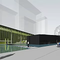 Modern Sales Office Building Exterior With Glass Curtain Wall Entrance Steps And Water Feature