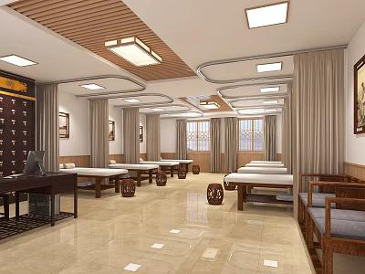 Traditional Chinese Medicine Clinic Interior With Wooden Decor Herbal Cabinets And Treatment Beds 3d model