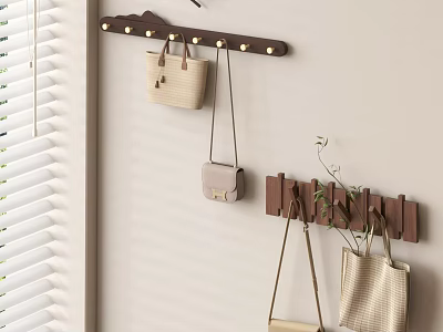 Modern Wooden Wall Hooks With Hanging Bags And Green Plants For Home Decor 3d model
