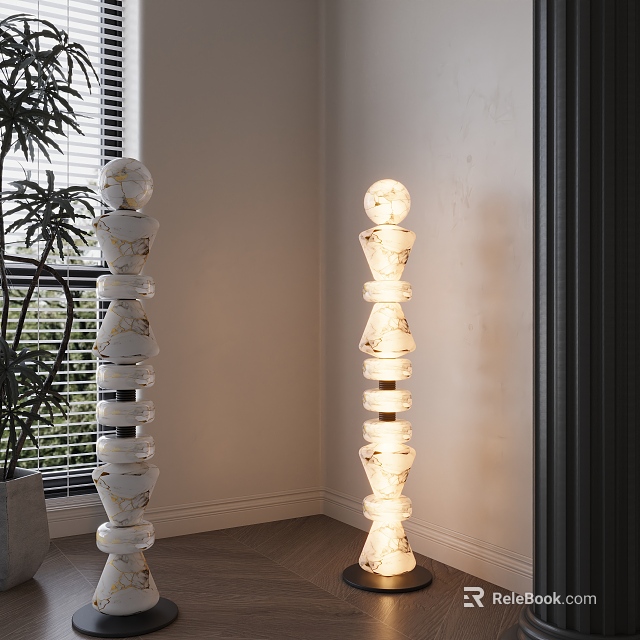 Modern Stacked Marble Floor Lamp With Spherical Top Near Window And Plant 3d model 