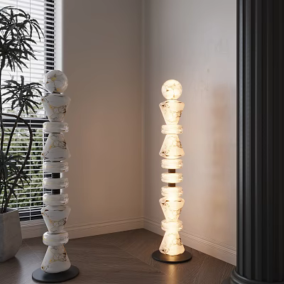 Modern Stacked Marble Floor Lamp With Spherical Top Near Window And Plant 3d model
