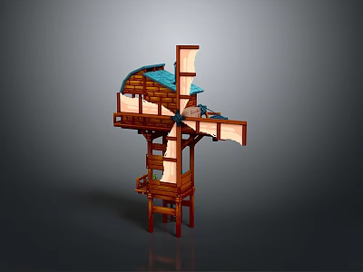Windmill Shaped Wooden Structure With Blue Roof Multi Level Design And Staircase Platforms 3d model