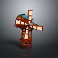 Windmill Shaped Wooden Structure With Blue Roof Multi Level Design And Staircase Platforms