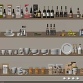 Organized Shelf Display With Bottles Mugs Bowls And Food Packages