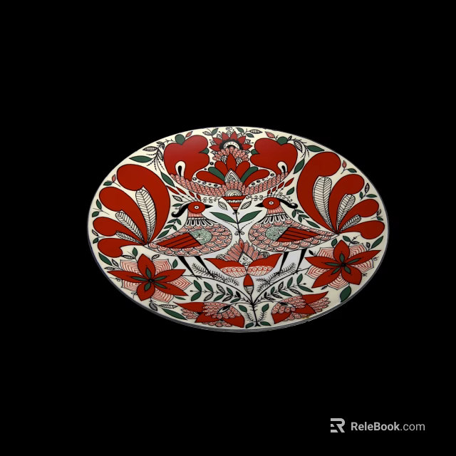 Decorative Oval Shaped Ceramic Plate with Red Floral Patterns and Two Birds 3d model 